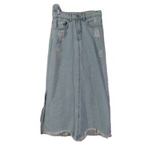 YSC Womens Denim Maxi Skirt Size Small / 36 Distressed Frayed Hem Modest READ